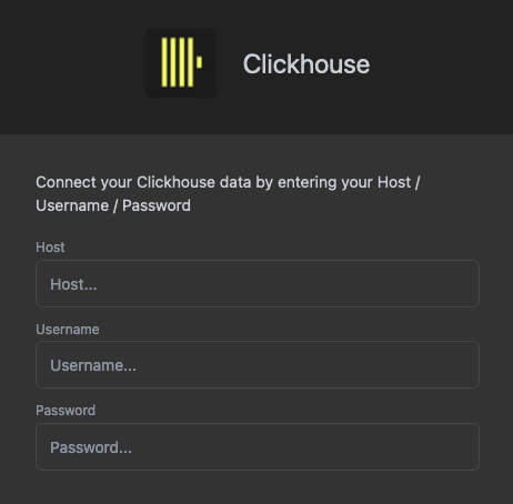 Форма настройки подключения Luzmo с полями для ClickHouse host, username и password